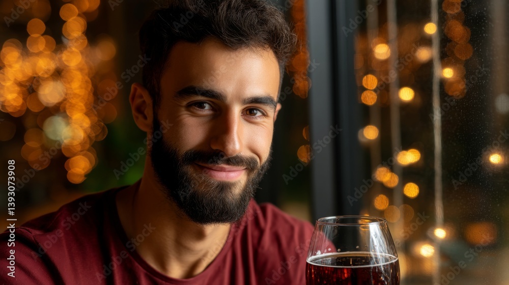 Smiling man enjoying a drink with festive lights in the background