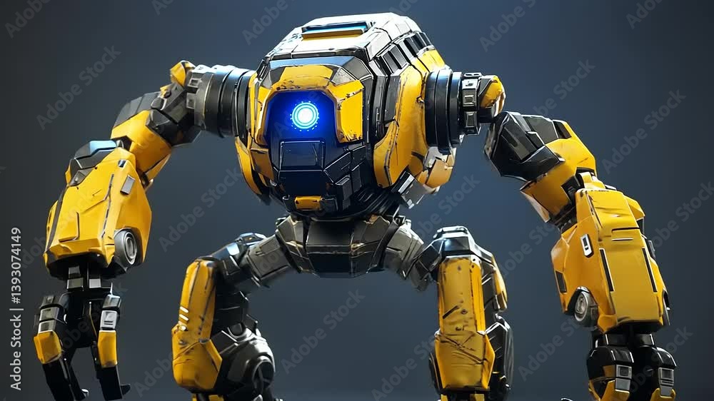 A futuristic yellow robotic creature stands in a dark studio, showcasing its intricate design and glowing features A futuristic yellow robotic creature stands in a dark studio, showcasing its intricate design and glowing features