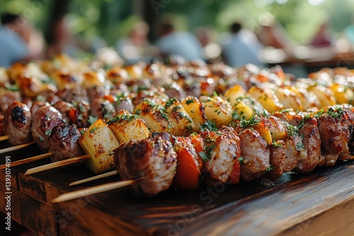 Fried chicken kebabs on plate. Appetizing juicy shashlik on skewers on plate on the table. Baked meat and vegetables sprinkled with spices and herbs. blurred background of picnic in nature.