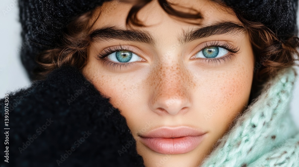 Close-up of a young woman with winter accessories, showcasing a natural beauty look Close-up of a young woman with winter accessories, showcasing a natural beauty look