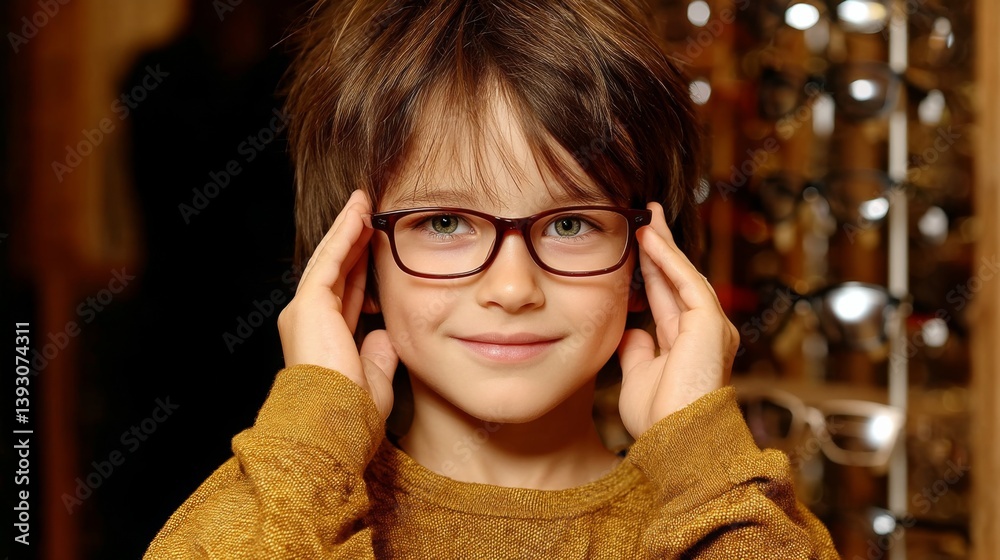Young boy adjusting his glasses with a cheerful smile in a cozy setting