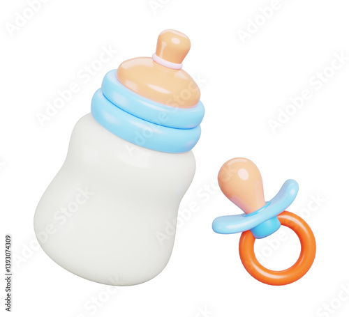 3d baby bottle and pacifier cartoon render icon. Blue plastic container with rubber nipple for feeding newborns, silicone dummy. Children care accessories isolated on white background
