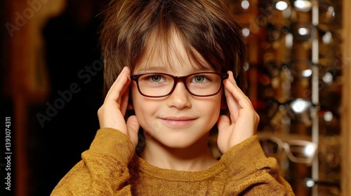 Obraz na płótnie Young boy adjusting his glasses with a cheerful smile in a cozy setting w salonie
