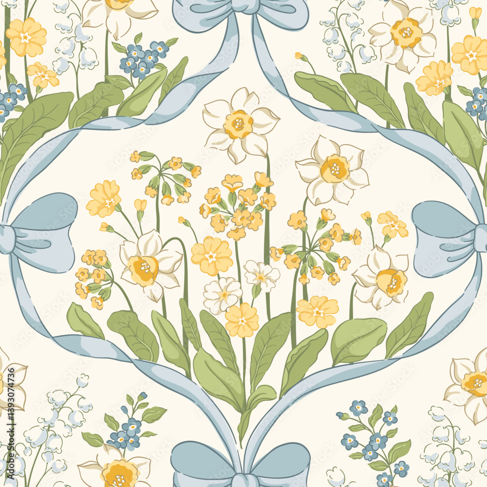 Vintage floral spring garden vector seamless pattern: daffodils, forget-me-nots, cowslips, lilies of the valley, delicate blue ribbon ogees. Botanical cottagecore design with bows and flowers bouquets