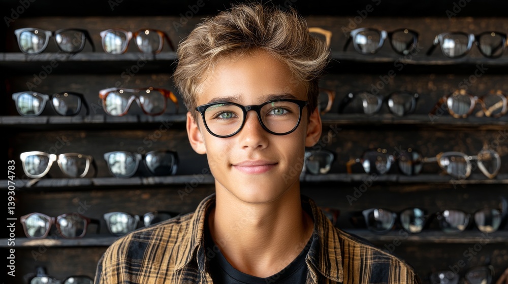 Young man wearing glasses, smiling in a stylish eyewear store