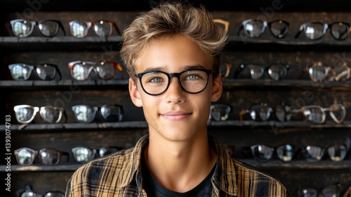 Obraz na płótnie Young man wearing glasses, smiling in a stylish eyewear store w salonie