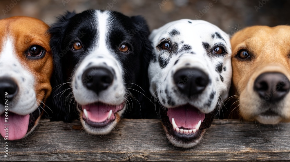Four happy dogs with expressive faces peering over a wooden fence