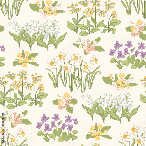 Charming spring botanical vector seamless pattern: daffodils, lily of the valley, violets, primroses, cowslips. Delicate vintage cottage garden print with blooming meadow flowers for fabrics