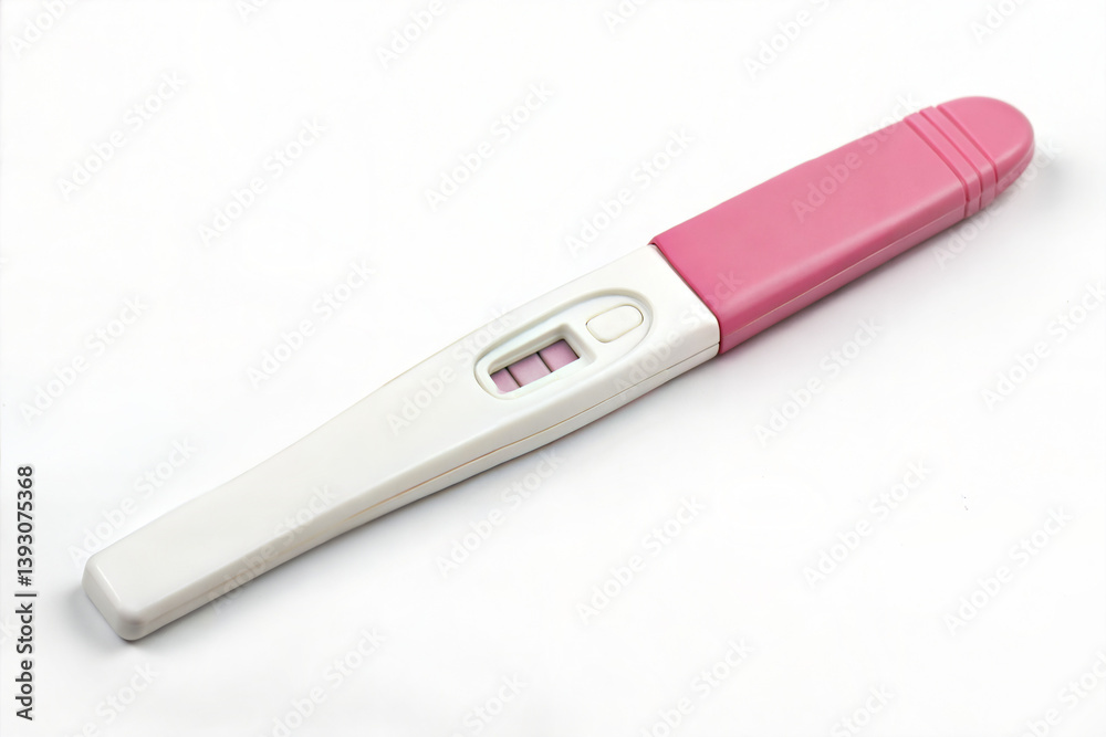 Positive Pregnancy Test with Pink Cap on White Background  