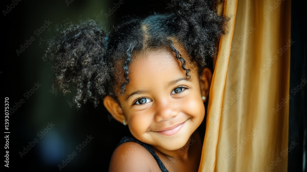 Smiling girl with curly hair peeking from behind a curtain