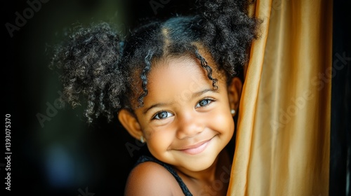 Obraz na płótnie Smiling girl with curly hair peeking from behind a curtain w salonie
