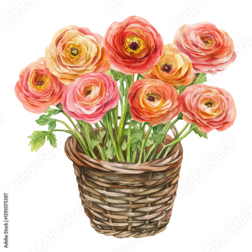 Ranunculus bouquet in a basket, watercolor illustration, isolated on a white background.

