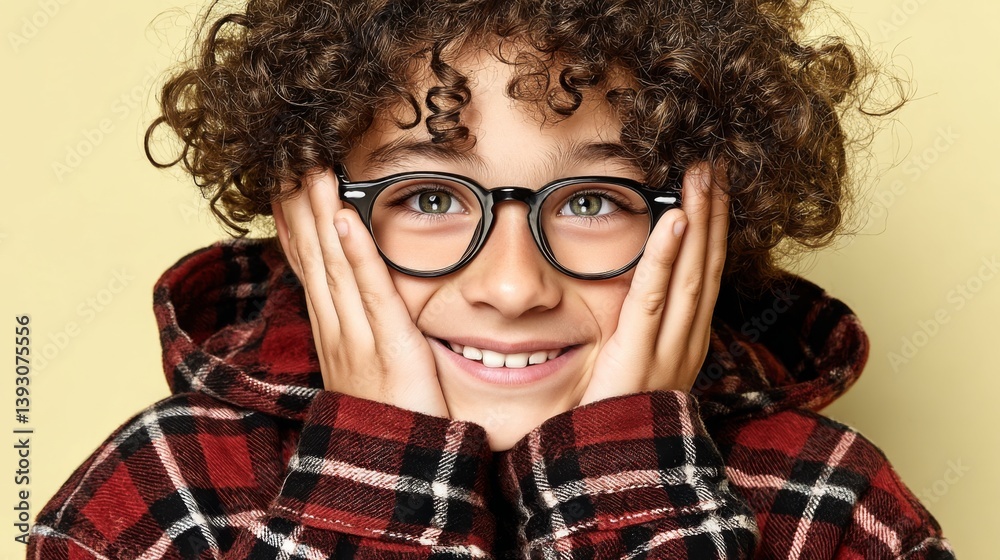 Happy boy with curly hair and glasses smiling joyfully against a yellow background