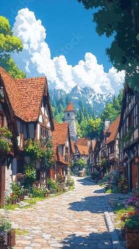Enchanting Fantasy Village Landscape: Picturesque Mountain View and Vibrant Flowers in Charming Countryside