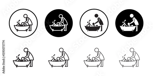 Mother washing baby in bath tub icon outline collection or set in black and white