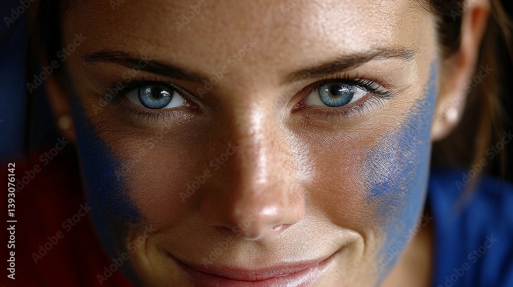 Close-up portrait of a woman with blue face paint and captivating blue eyes