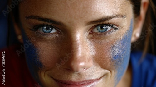 Obraz na płótnie Close-up portrait of a woman with blue face paint and captivating blue eyes w salonie