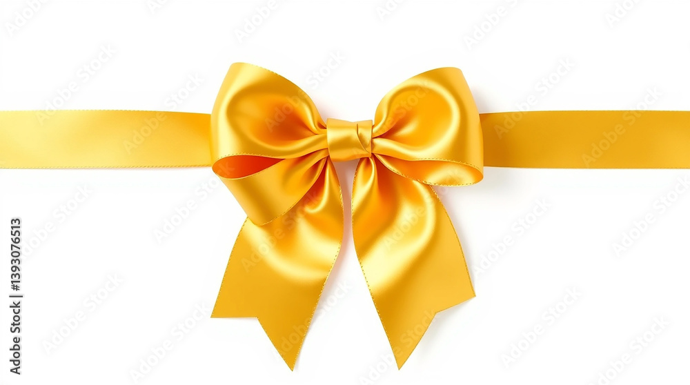 Gold ribbon bow lying flat on white. A shiny yellow gift ribbon with tied knot. Pretty decorative band used for wrapping presents. Celebratory decoration in bright color. Gold ribbon bow lying flat on white. A shiny yellow gift ribbon with tied knot. Pretty decorative band used for wrapping presents. Celebratory decoration in bright color.