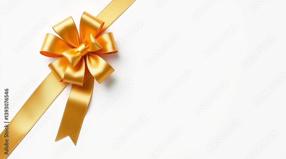 Gold ribbon with a bow sits on a white surface. The ribbon runs diagonally across the frame leaving ample white space for adding text or graphics to the design. Gold ribbon with a bow sits on a white surface. The ribbon runs diagonally across the frame leaving ample white space for adding text or graphics to the design.