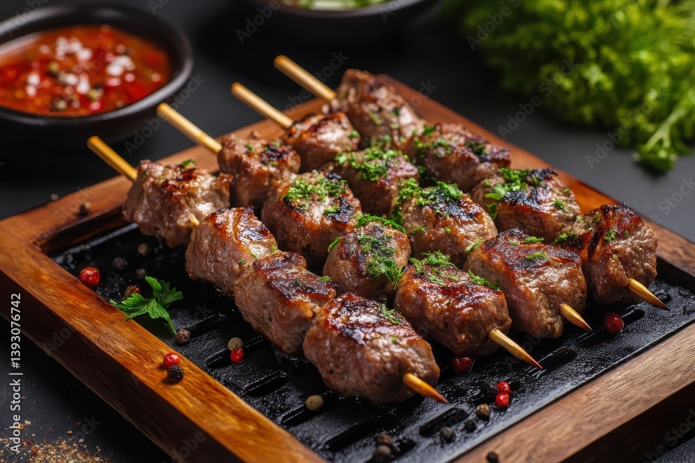 Fried chicken kebabs on plate. Appetizing juicy shashlik on skewers on plate on the table. Baked meat and vegetables sprinkled with spices and herbs. blurred background of picnic in nature. Fried chicken kebabs on plate. Appetizing juicy shashlik on skewers on plate on the table. Baked meat and vegetables sprinkled with spices and herbs. blurred background of picnic in nature.