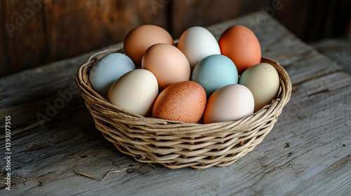 Basket of colorful chicken eggs on a wooden table in the chicken farm