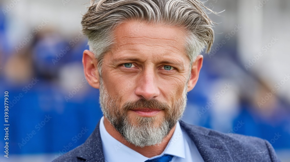 Confident man with gray hair and beard wearing a suit and tie