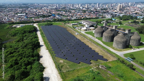 Aerial View of Solar Energy Field Beside Wastewater Treatment Plant – Suzano, Brazil