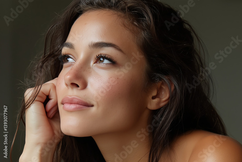 close up black african mixed race glowing skin freckles tanned thick eyebrows woman young hazel eyes model fresh glow clean skincare natural makeup modern smiling plain white studio background
