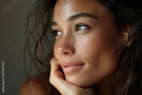 close up black african mixed race glowing skin freckles tanned thick eyebrows woman young hazel eyes model fresh glow clean skincare natural makeup modern smiling plain white studio background