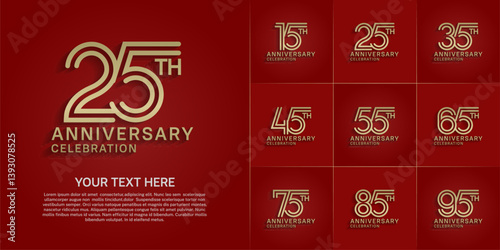 Anniversary logo style double line number set. gold color on red background for celebration event