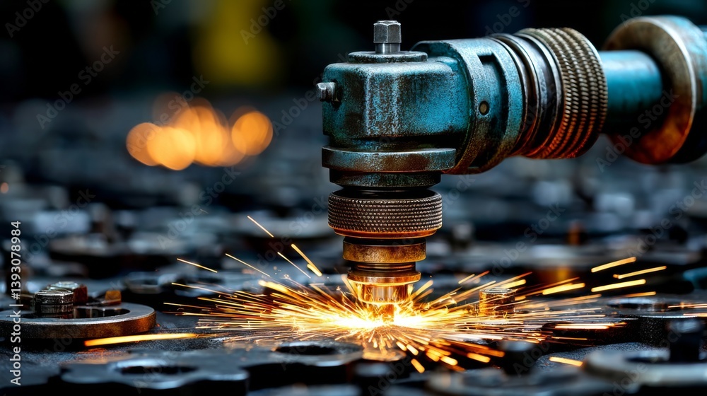 Industrial cutting tool creating sparks on a metal surface
