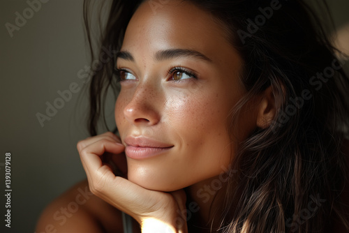 close up black african mixed race glowing skin freckles tanned thick eyebrows woman young hazel eyes model fresh glow clean skincare natural makeup modern smiling plain white studio background