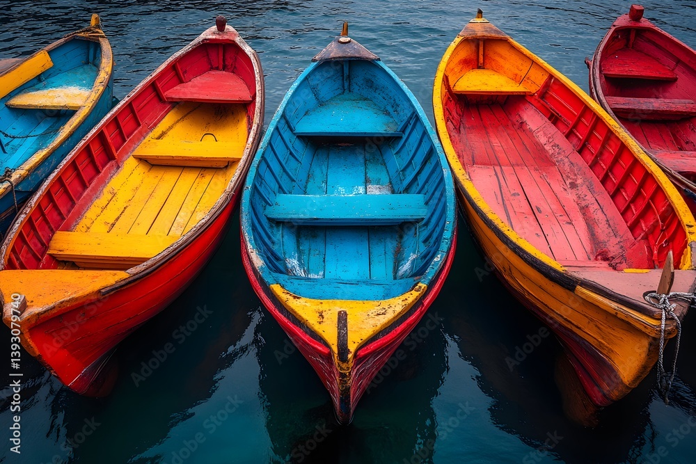 Obraz premium A cluster of vibrant wooden boats in red, yellow, and blue float together on calm waters. The bright colors reflect against the serene surface, creating a picturesque coastal view