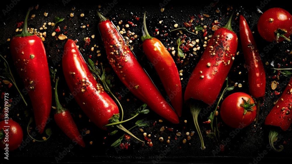 Fresh red chili peppers and tomatoes arranged on a dark surface