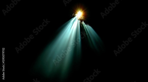 Dramatic light beams piercing through darkness, creating a mystical atmosphere