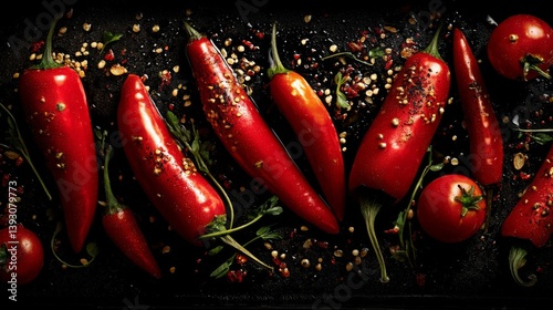 Obraz na płótnie Fresh red chili peppers and tomatoes arranged on a dark surface w salonie