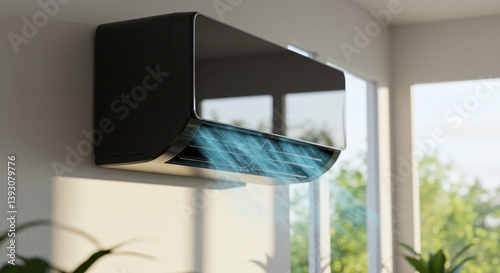 An air conditioner mounted on a wall, circulating cool air into a room. It's a modern appliance designed to keep the indoor environment comfortable