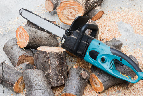 electric saw against the background of sawn logs close-up