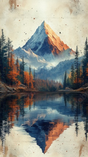 Majestic Mountain Reflection at Sunrise: Serene Autumn Landscape with Vibrant Colors and Tranquil Lake