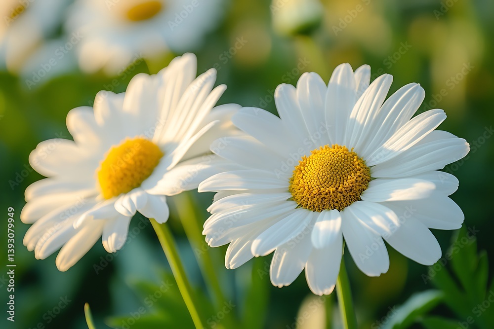 Two beautiful white daisies with yellow centers and green foliage Two beautiful white daisies with yellow centers and green foliage
