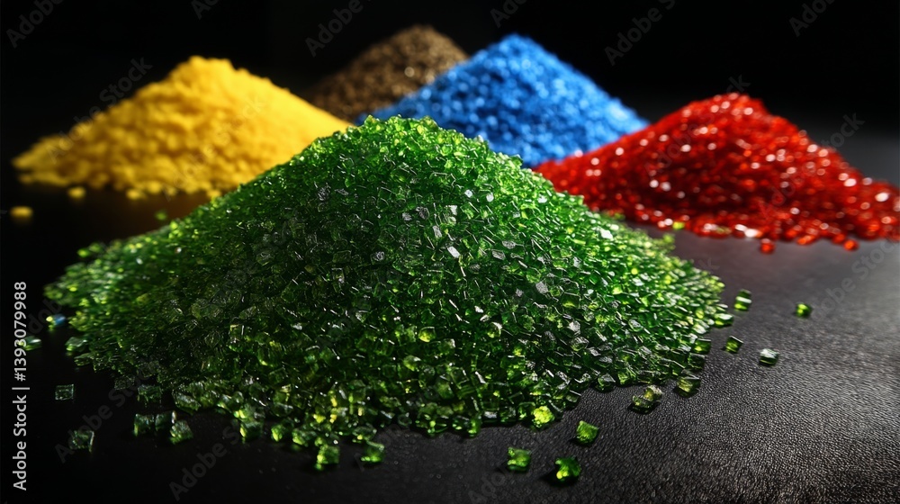 Colorful piles of granulated glass in various shades on a dark background