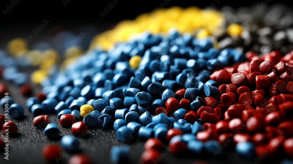Colorful plastic granules in various shades scattered on a dark surface