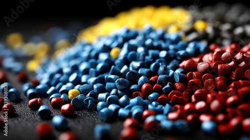 Obraz na płótnie Colorful plastic granules in various shades scattered on a dark surface w salonie