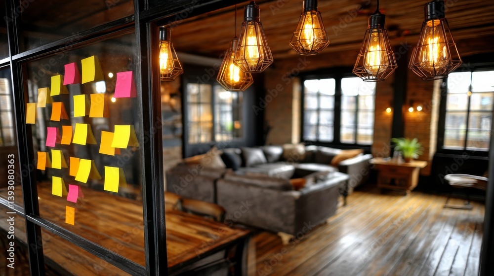 Cozy office interior with sticky notes and warm pendant lighting