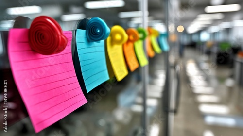 Colorful sticky notes attached to a glass wall in a modern office setting