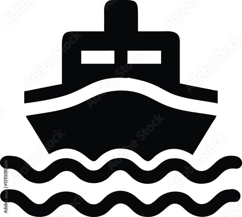 Icon of a Ship Silhouette Sailing on the Waves with Transparent Background