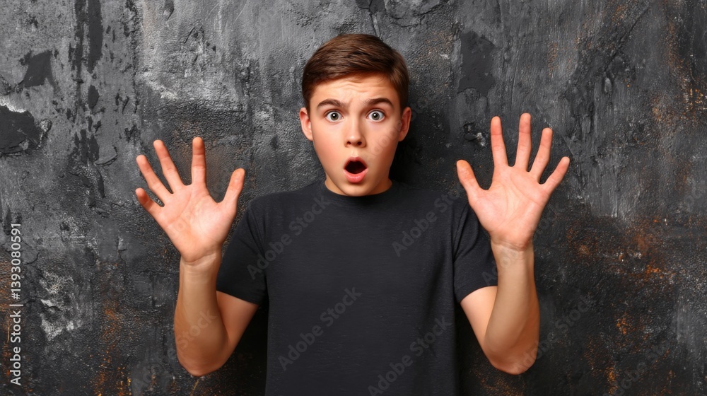 Surprised young man expressing shock with hands raised against a textured wall