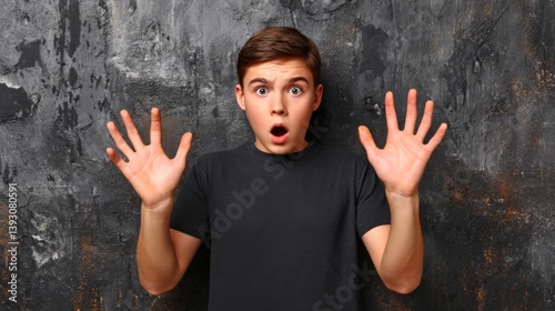 Obraz na płótnie Surprised young man expressing shock with hands raised against a textured wall w salonie
