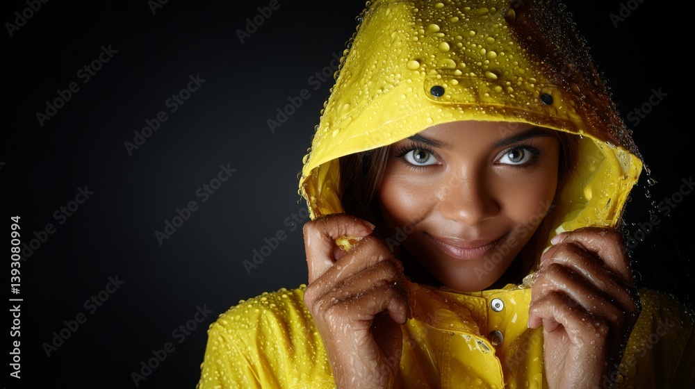 Smiling woman in a yellow raincoat with raindrops on her face