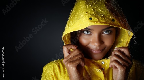 Obraz na płótnie Smiling woman in a yellow raincoat with raindrops on her face w salonie